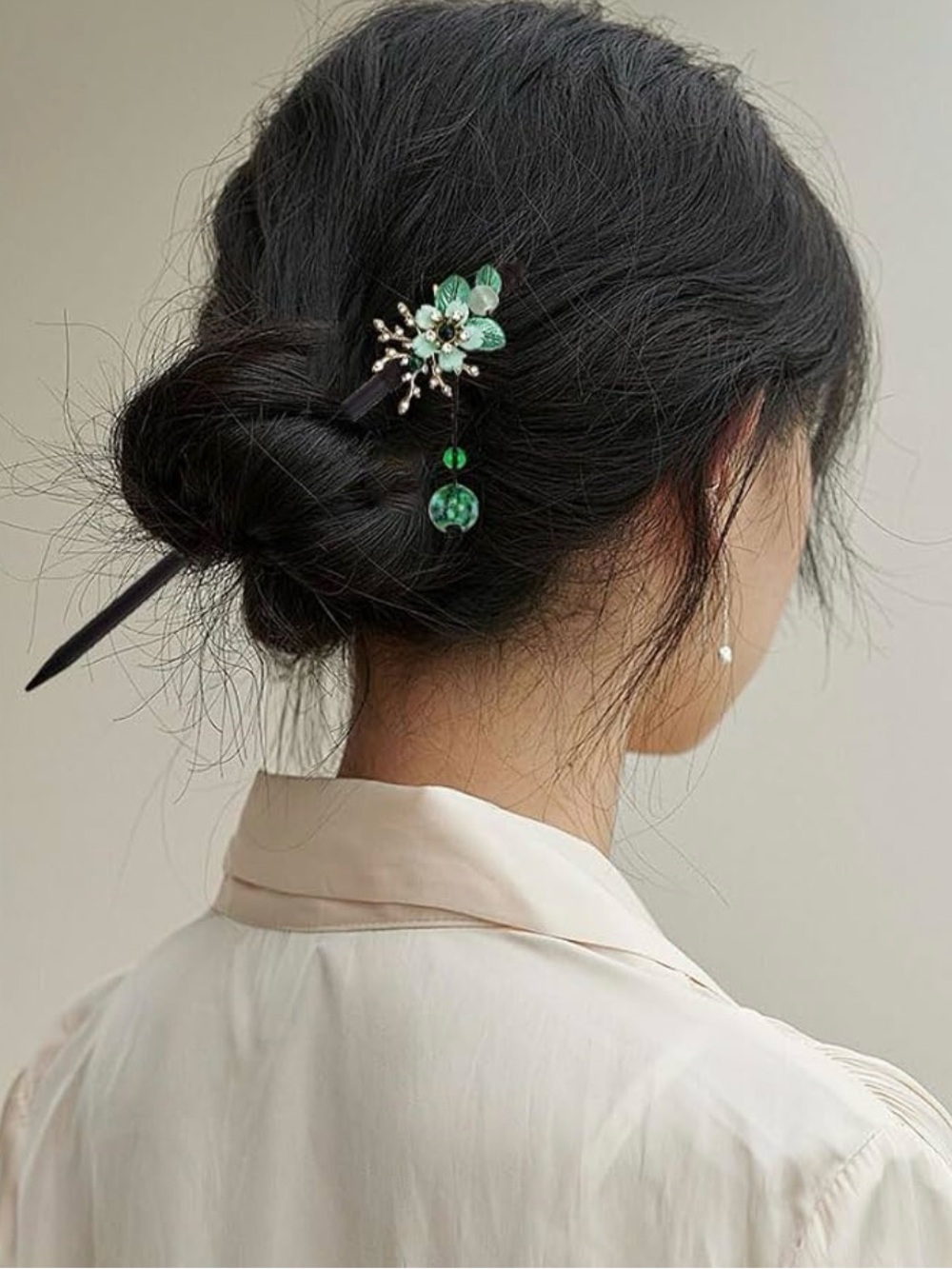 Green Floral Bead Hair Stick for Women - Elegant Updo Accessory
